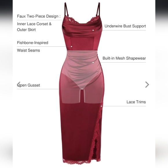 POPILUSH Shapewear Lace Trim Sculpting Red Burgundy Corset Style Midi - XL NWT - Picture 3 of 4